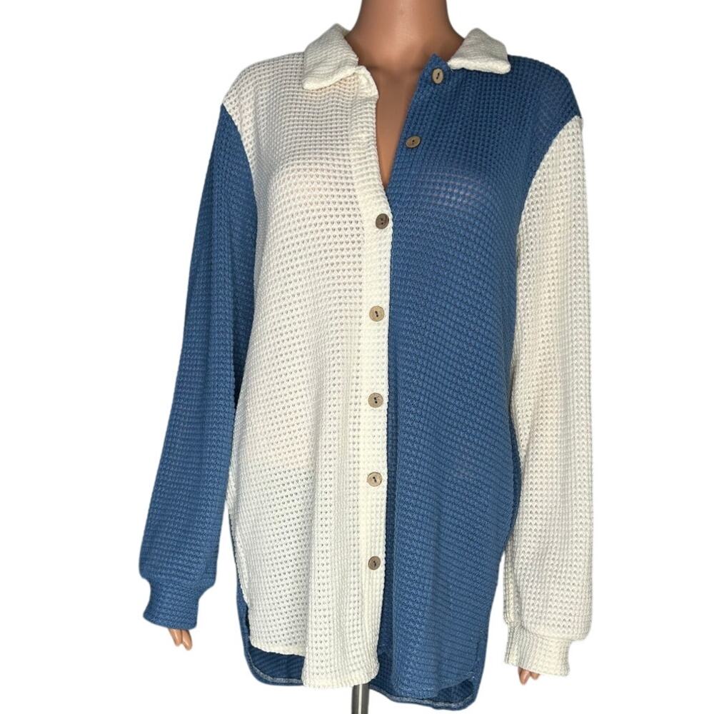 Sunshine & Rodeos Waffle Knit Blue & Cream Colorblock Shacket sz L NWT